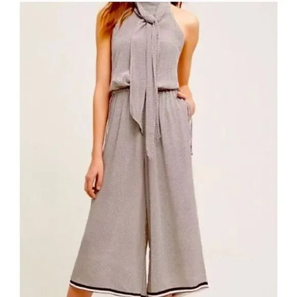 Faithful The Brand Jumpsuit High Neck with Open Back White Brown Size Small
